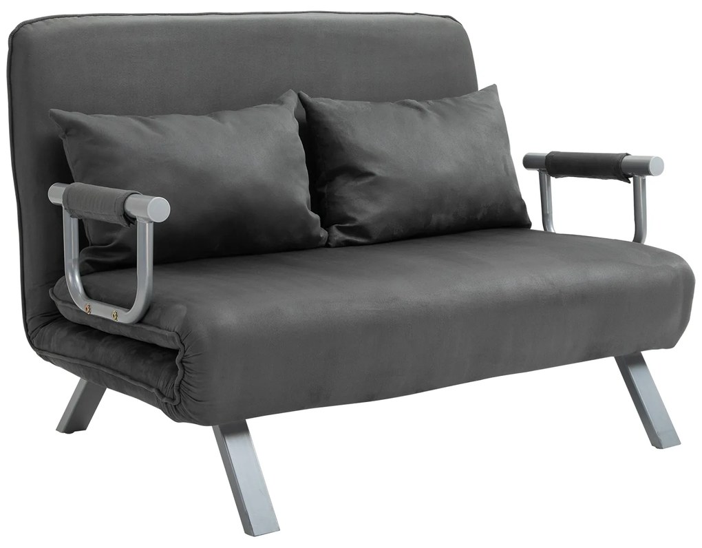HOMCOM Sofá Cama de 2 Lugares Estofado em Camurça Sintética com Encosto Ajustável em 5 Níveis e 2 Almofadas 111x80x78 cm Cinzento