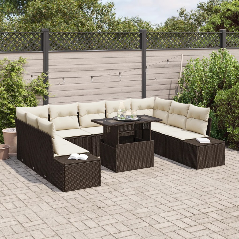 Conjunto de Sofá de Jardim com 10 Peças e Almofadas Castanho em Rattan