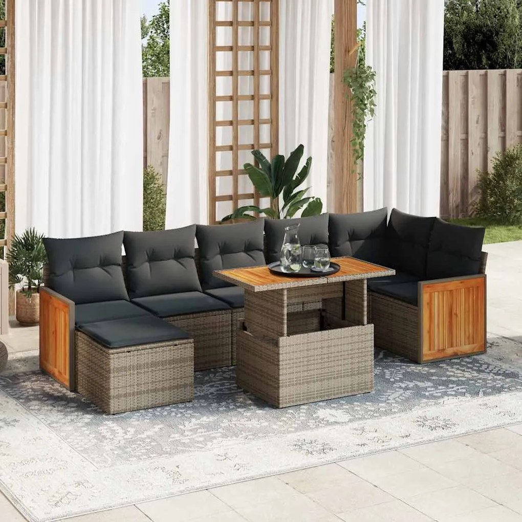 8 pcs conjunto sofás jardim almofadões vime PE/acácia cinzento
