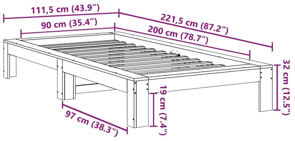 Cama sem colchão 90x200 cm madeira de pinho maciça branco