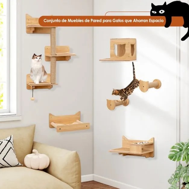 Conjunto de móveis de parede para gatos com 6 peças, rede, torre de salto com 3 níveis e 2 postes para arranhar, área de brincar natural