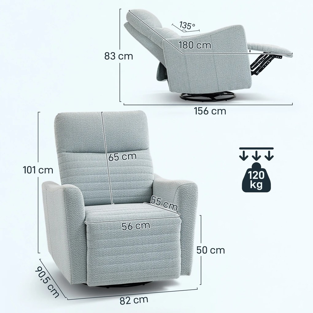 Poltrona reclinável, poltrona de relaxamento com apoio para os pés, giratória a 360°, reclinável, 82 x 90,5 x 101 cm, cinzento-azulado