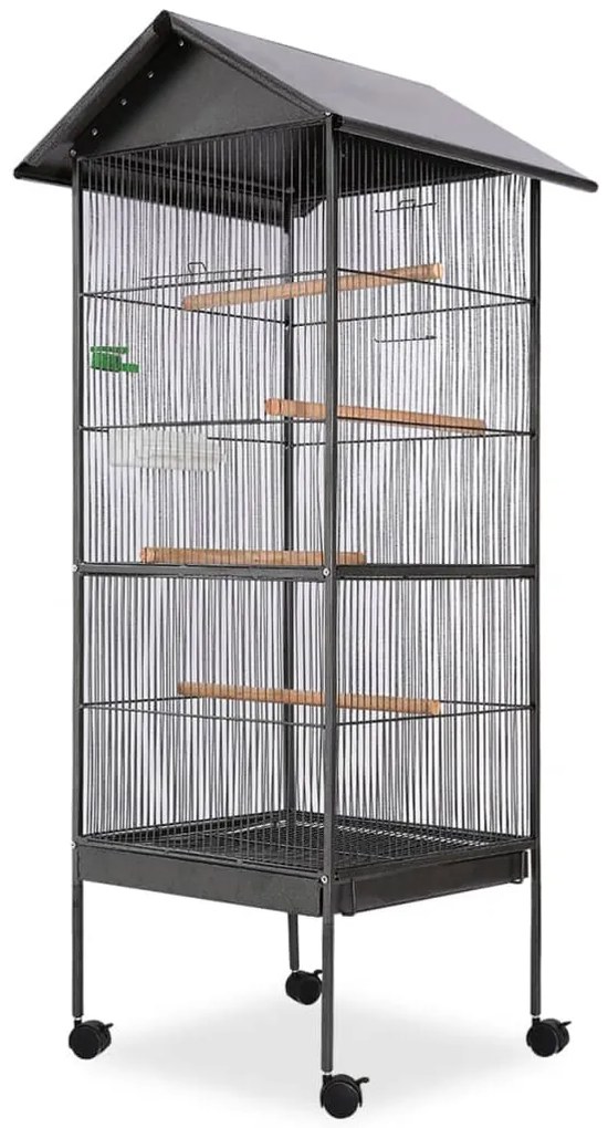 vidaXL Gaiola para pássaros com telhado de aço 66x66x155 cm preto