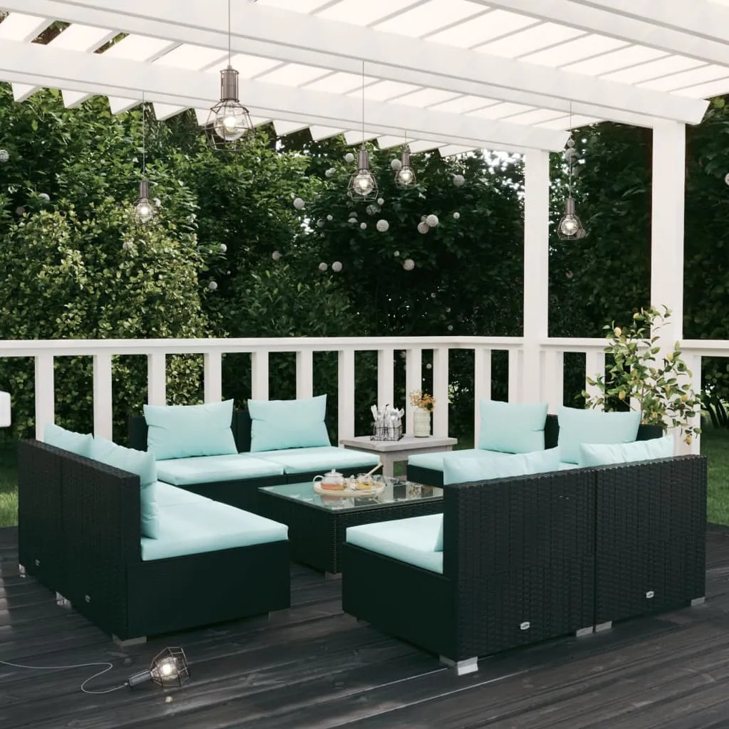 vidaXL 9 pcs conjunto lounge de jardim c/ almofadões vime PE preto