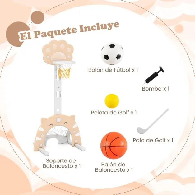 Cesto de basquetebol 3 em 1 ajustável em altura com jogos de futebol e golfe para crianças a partir dos 3 anos 65 x 49 x 130-151 cm Caqui