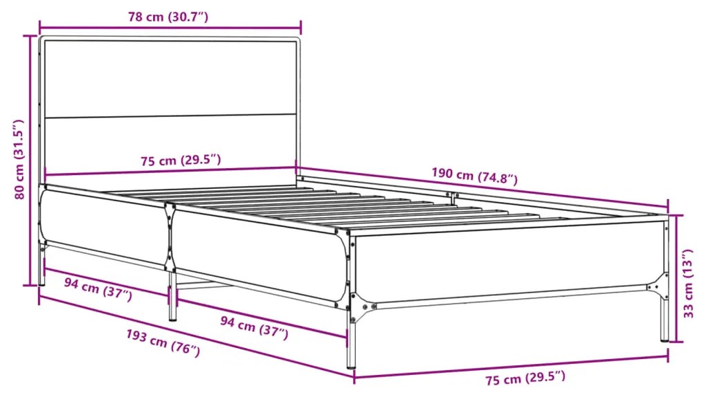 Estrutura de cama 75x190 cm derivados de madeira e metal preto