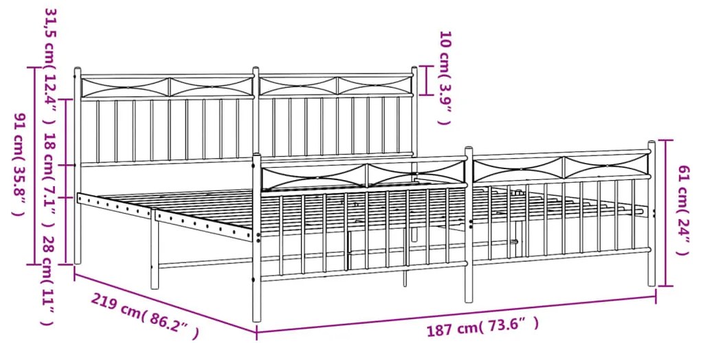 Estrutura de cama com cabeceira e pés 183x213 cm metal branco