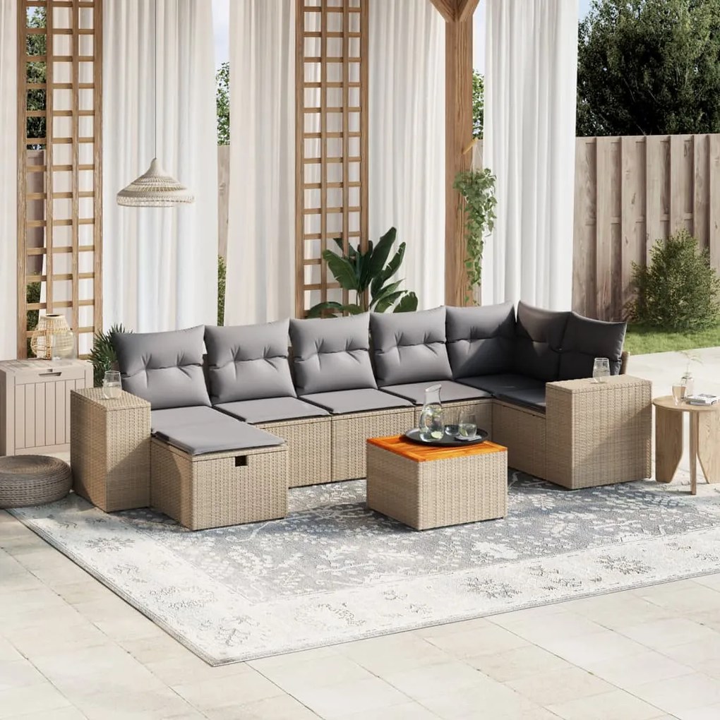 8 pcs conj. sofás jardim c/ almofadões vime PE bege misturado
