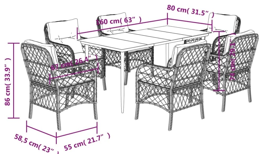 7 pcs conjunto de jantar p/ jardim com almofadões vime PE bege