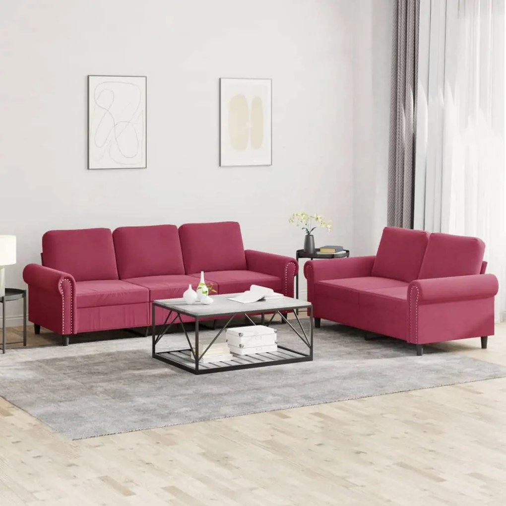 3202254 vidaXL 2 pcs conjunto de sofás com almofadões veludo vermelho tinto