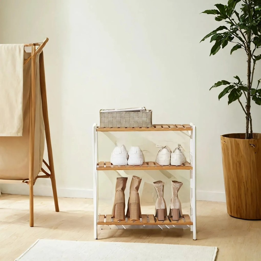 Sapateira com 3 níveis em bambu 60 x 26 x 66 cm, branco e cor bambu