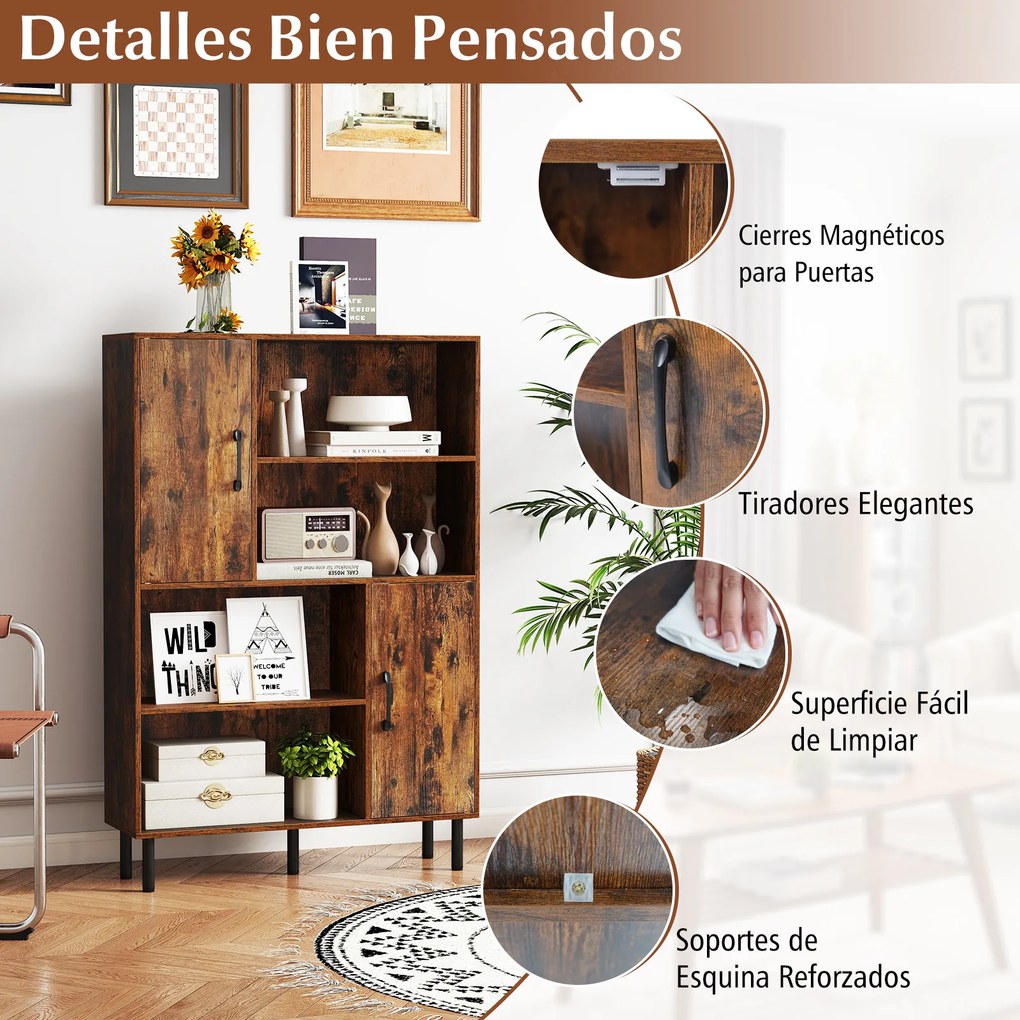Armário, estante de arrumação 80 x 24 x 119,5 cm, compartimentos abertos, portas e pés em metal para casa, escritório e sala de estar - castanho Rústi