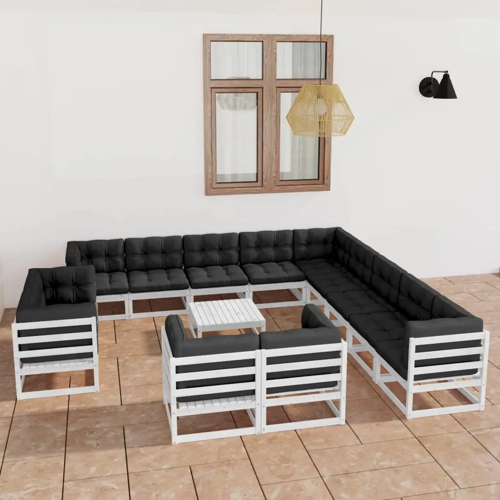 vidaXL 14 pcs conj. lounge de jardim c/ almofadões pinho maciço branco