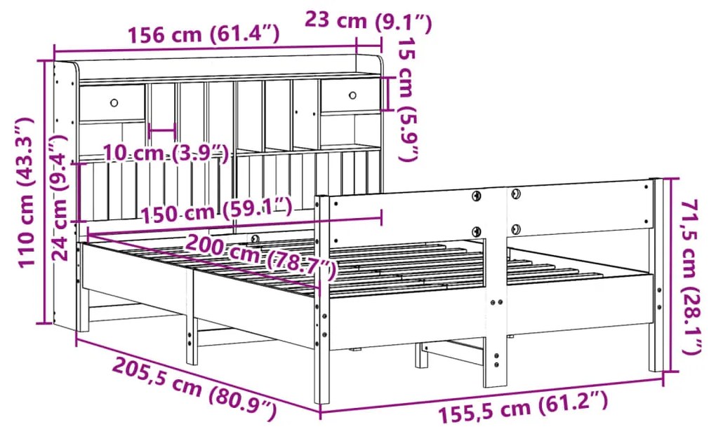 Cama com estante sem colchão 150x200 cm pinho maciço branco