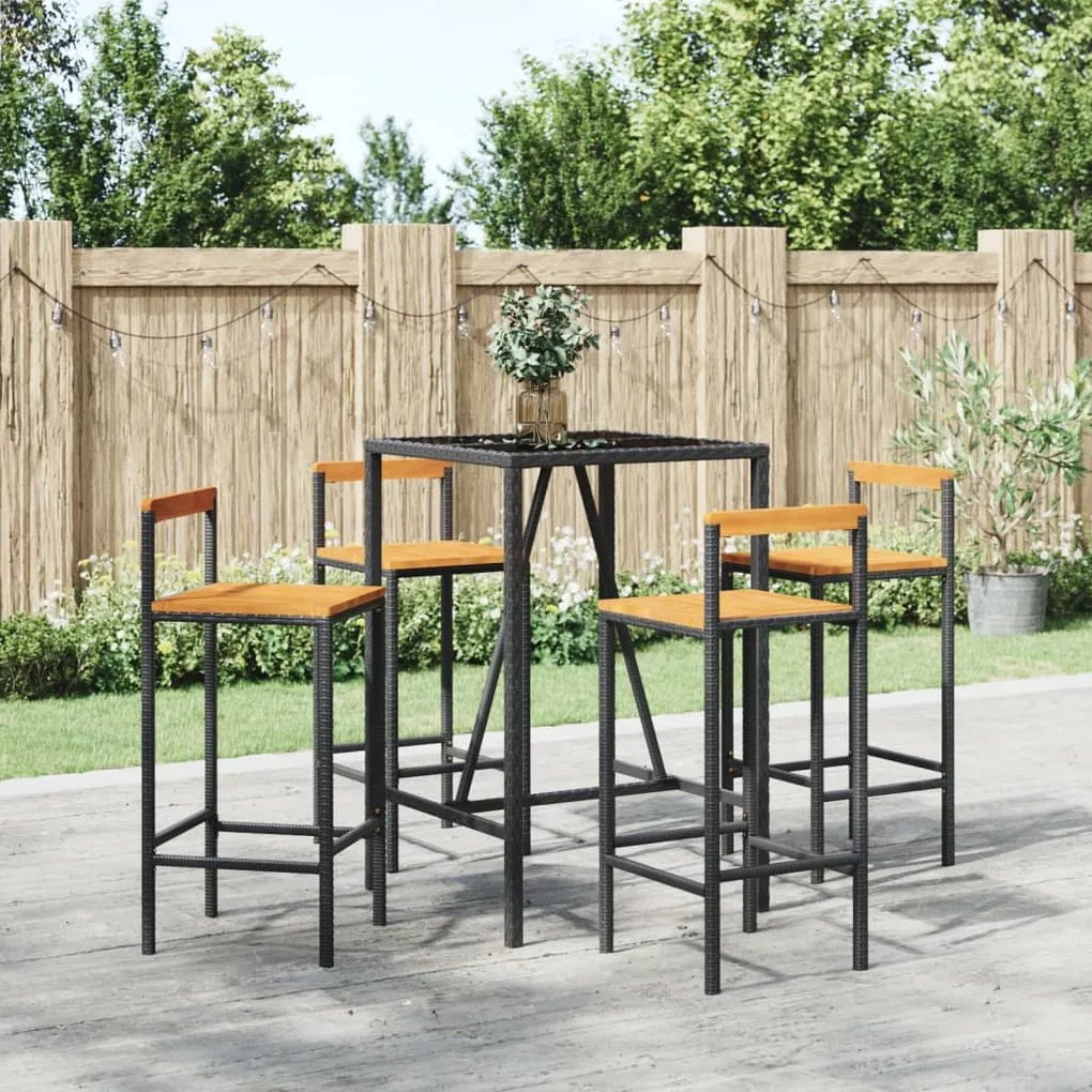 vidaXL 5 pcs conjunto de bar p/ jardim vime PE/acácia maciça preto