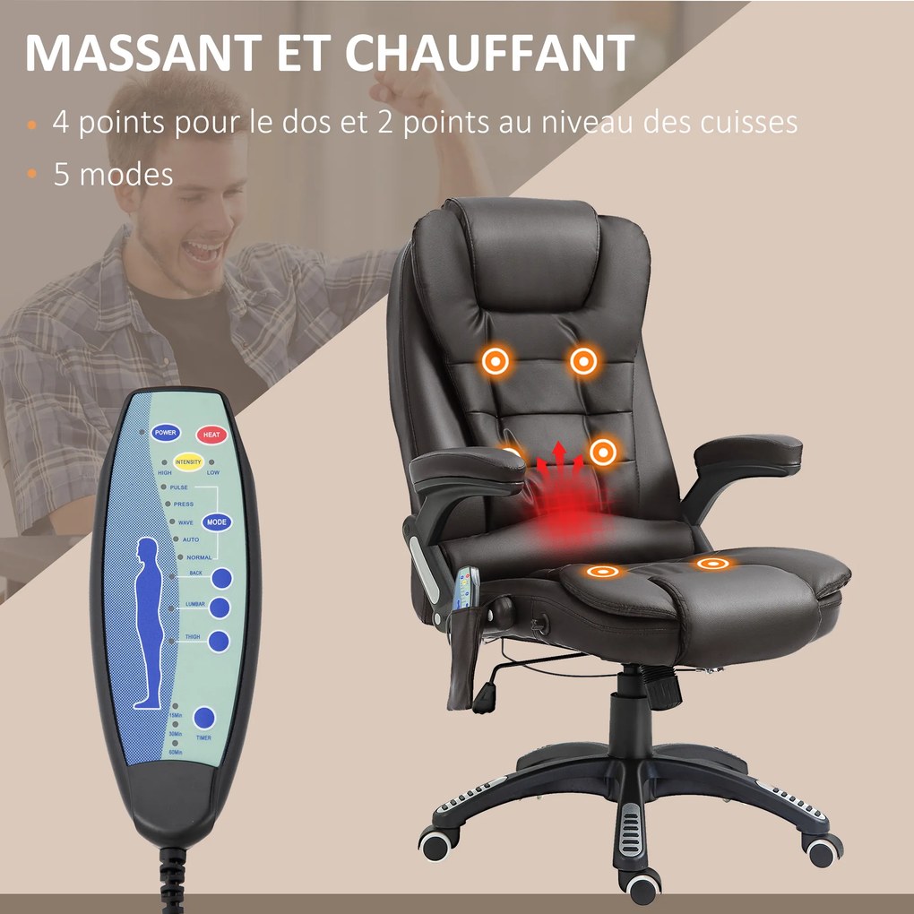 Cadeira de escritório com massagem e aquecimento elétrico, cadeira de escritório ergonómica com revestimento sintético castanho