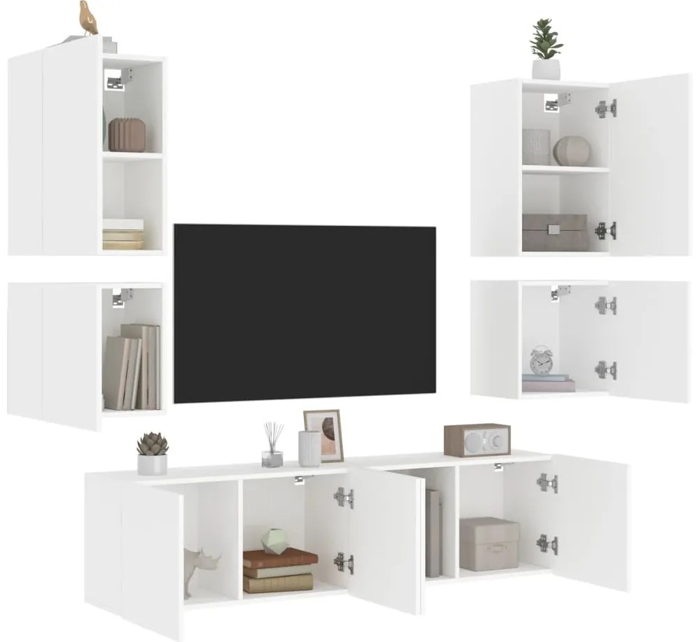 6 pcs móveis de parede p/ TV derivados de madeira branco