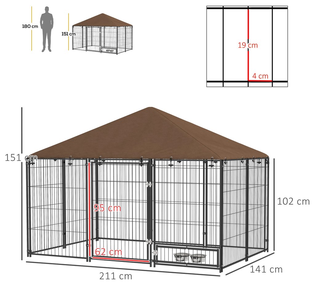 Canil para Cães com Toldo com Suporte Giratório para Comida 2 Tigelas Incluídas 211x141x151 cm Preto e Castanho