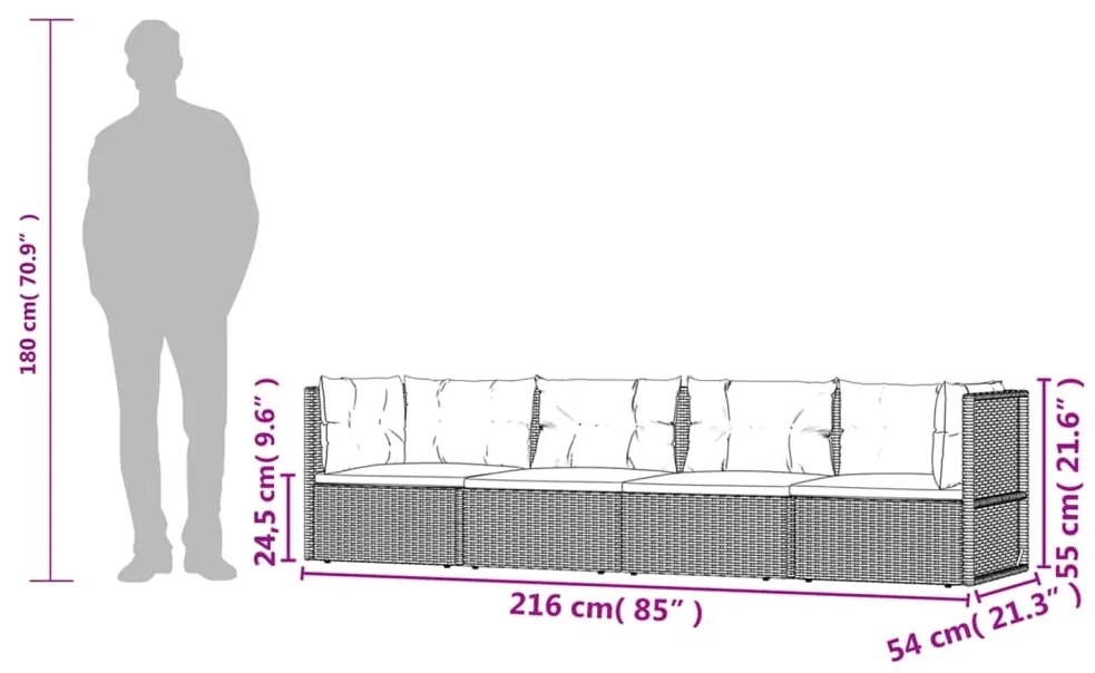 4 pcs conjunto lounge de jardim c/ almofadões vime PE cinzento