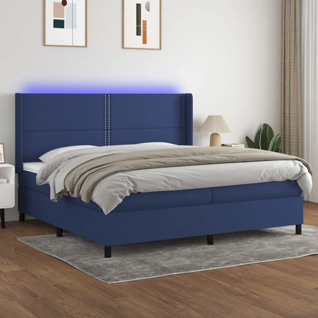 vidaXL Cama box spring c/ colchão e LED 200x200 cm tecido azul