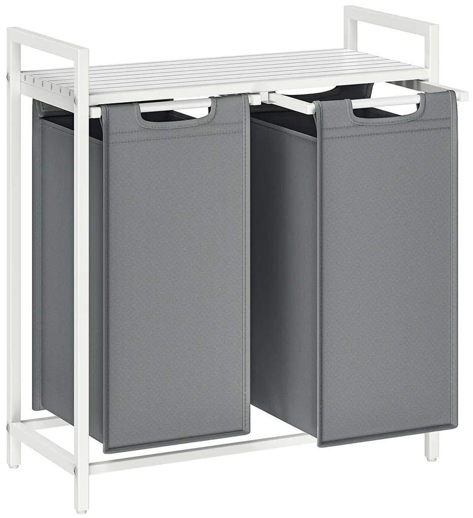 Cesto de roupa suja VASAGLE, 2 compartimentos, cesto de roupa suja com prateleira, cesto de roupa suja, saco de roupa suja de tecido Oxford, extensível, removível, estrutura de metal, 2 x 46 L, 73 x 33 x 72 cm, branco/cinza claro, BLH201W11