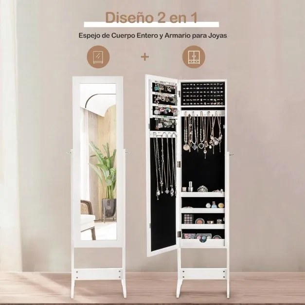 Espelho de joias de pé 35 x 30 x 144 cm com 3 inclinações, organizador de armazenamento para brincos e colares com espelho e 4 compartimentos, branco