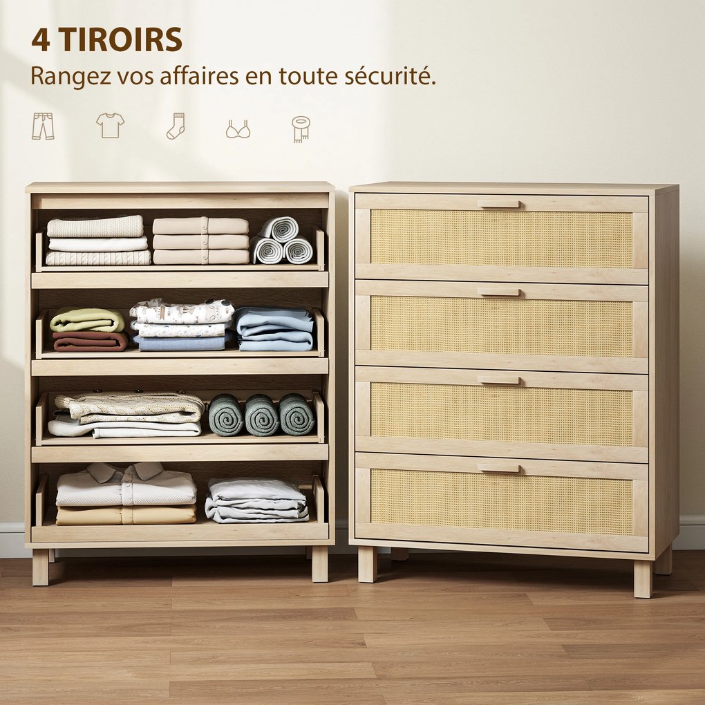Cómoda com 4 gavetas em vime, 80 x 40 x 103 cm, MDF com acabamento em castanho claro
