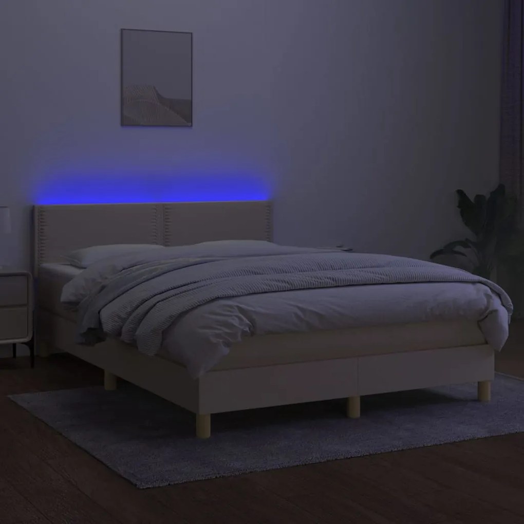 Cama box spring c/ colchão e LED 140x200 cm tecido cor creme