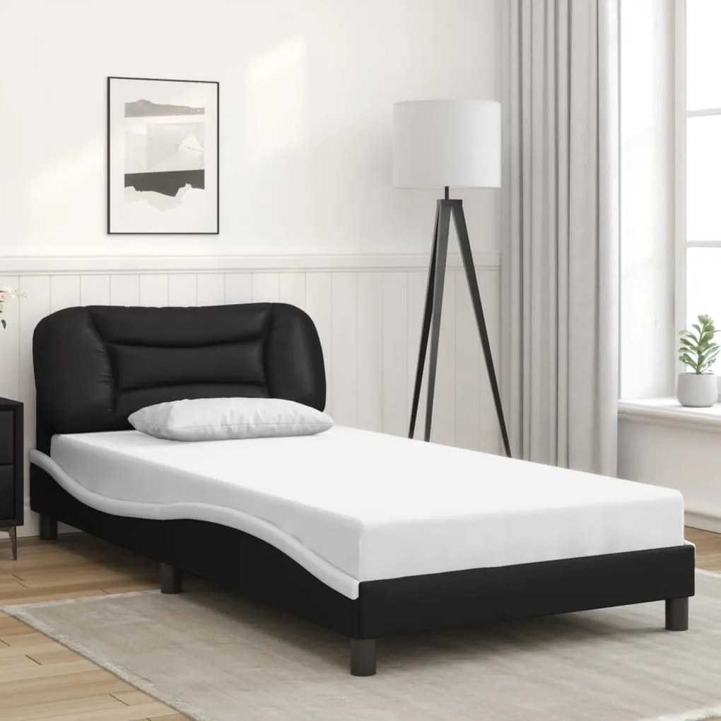 Estrutura cama c/ luzes LED 100x200cm couro artif. preto/branco