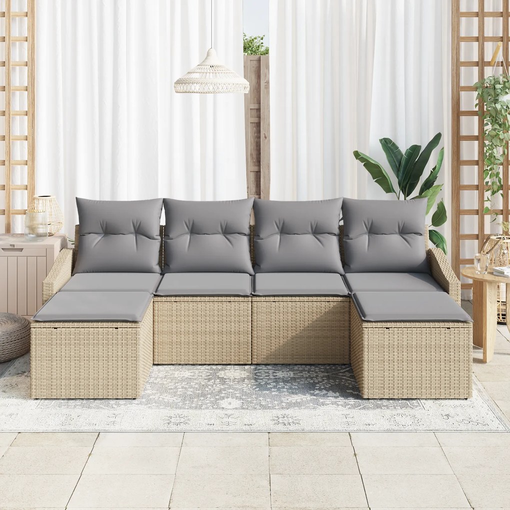 Conjunto de Jantar 6 Peças com Almofadas Bege Rattan PE