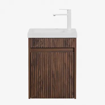 Conjunto De Móvel De Casa De Banho Suspenso Em Madeira Com Lavatório Integrado Narek Sem Espelho & Madeira Escura & Branco ↑20 Cm Com Válvula De Drena