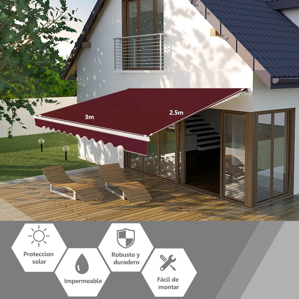 Toldo retrátil 3 x 2,5 m em alumínio com manivela e poliéster impermeável para exterior Cor de Vinho
