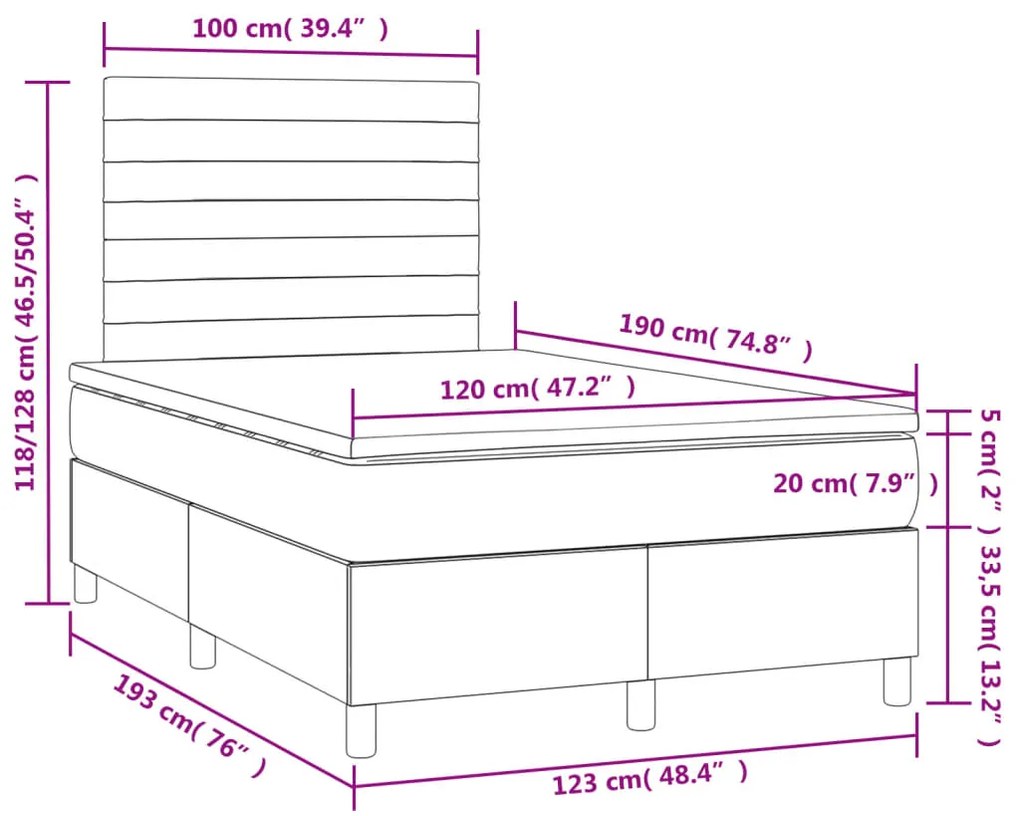 Cama box spring c/ colchão e LED 120x190 cm couro artif. preto