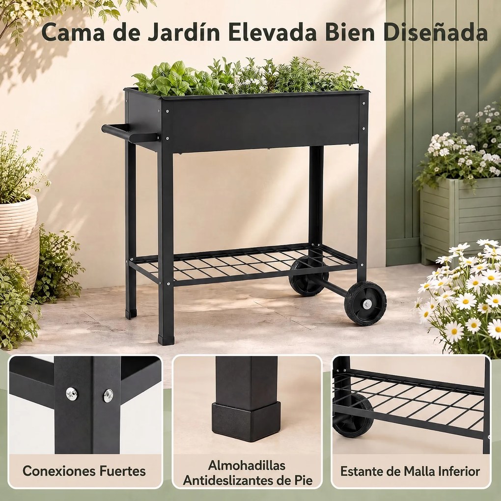Floreira Elevada para Horta com Rodas, 88 x 37 x 80 cm, Estrutura Metálica, Preto