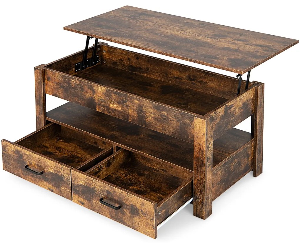 Mesa de centro com tampo de mesa elevável com estante para arrumação e 2 gavetas 106 x 74 x 61 cm Castanho rústico