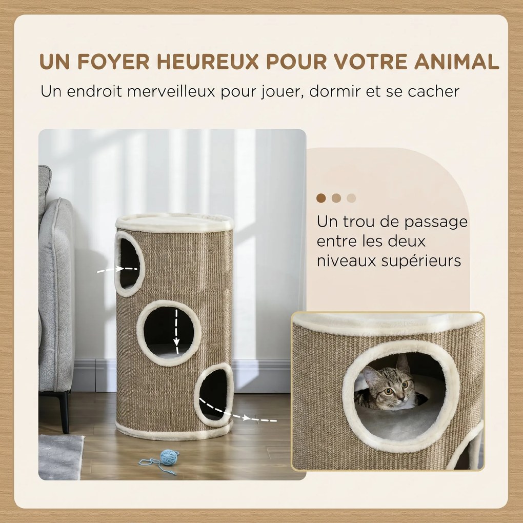 Torre para Arranhar para Gato, 38 x 38 x 70 cm, 3 Níveis com Revestimento em Sisal, Castanho