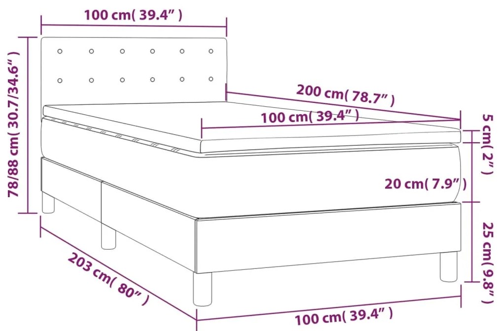 Cama box spring c/ colchão/LED 100x200 cm veludo azul-escuro