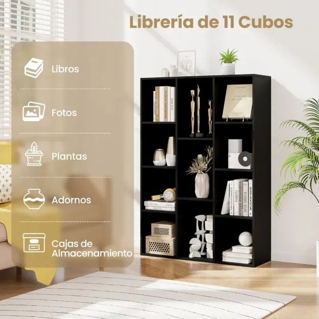 Estante com 11 cubos 74 x 24 x 105 cm para livros vertical ou horizontal em madeira preta