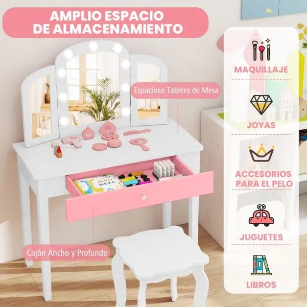 Conjunto de Toucador infantil Princesa 2 em 1 com espelho removível, luzes ajustáveis, banquinho e gaveta em imitação de madeira para maiores de 3 ano