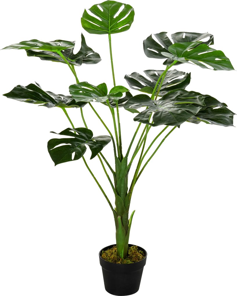 Planta artificial modelo Monstera com 13 folhas em vaso de cimento, para interior ou exterior, Ø16 x 85 cm (altura)