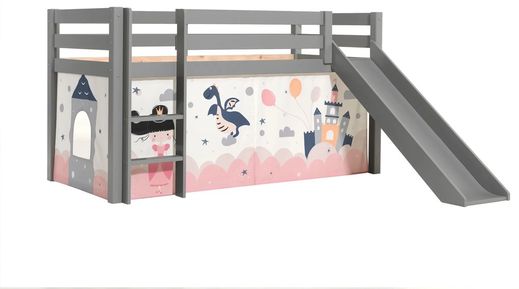 Cama alta de Criança PINO 90 x 200 cm + estrado + escada + escorrega + cortina Princesa Cinzenta