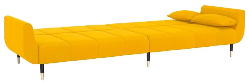Sofá-cama de 2 lugares com banco/2 almofadões veludo amarelo