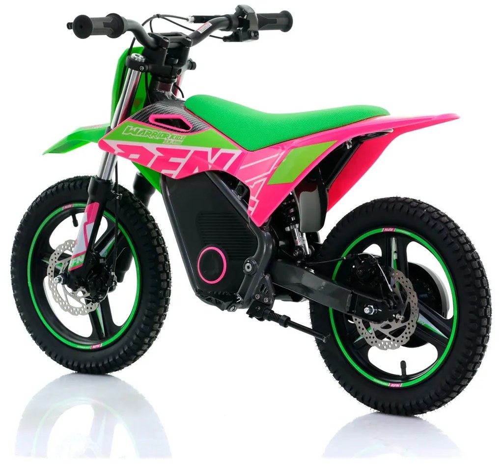 Mini moto elétrica para crianças velocidade até 30Km/h C/Limitador RFN Warrior SX-E350 14/14” 350W Verde e Rosa