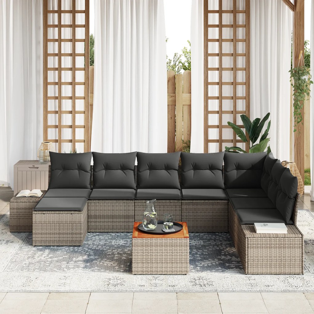 Conjunto de Sofás de Jardim de 9 peças com Almofadas Cinza Rattan Poli