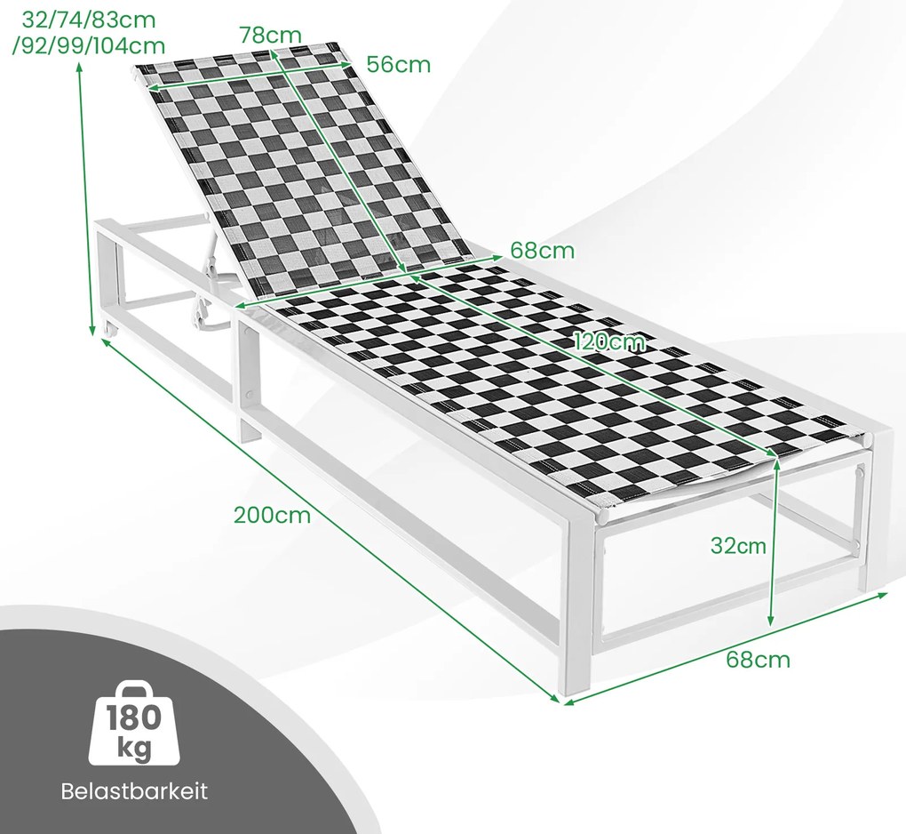 Espreguiçadeira de jardim com rodas XXL, com encosto ajustável suporta até 180 kg Preto + Branco