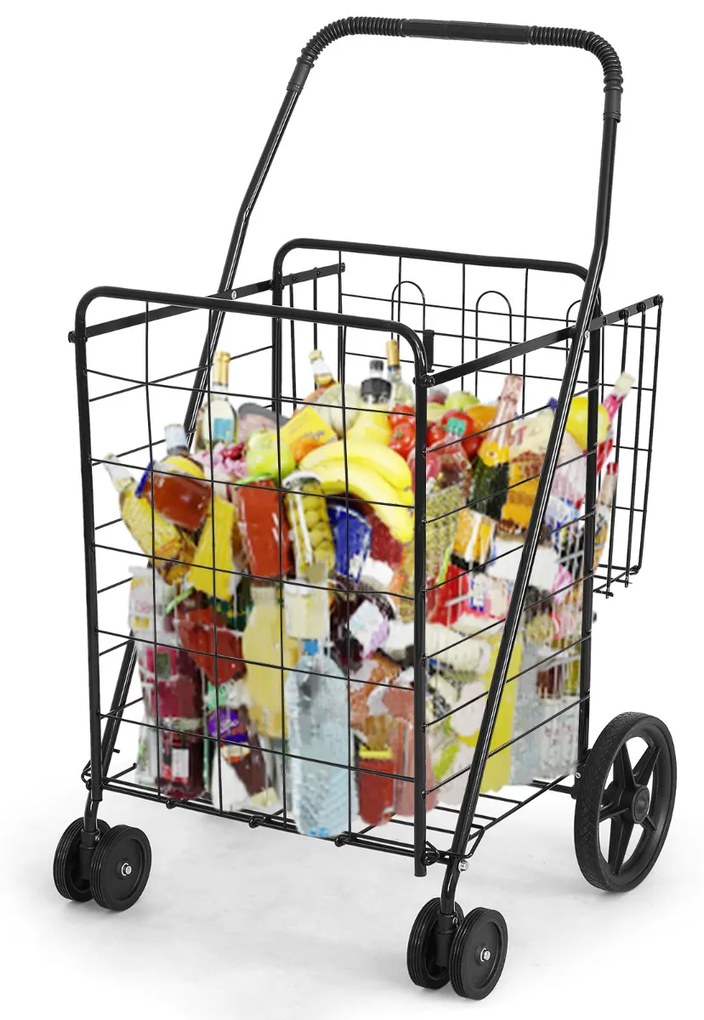 Carrinho de Compras Duplo Portátil com Rodas Giratórias Cesto Metálica Dupla para Roupa Bagagem de Alimentos 61 x 62 x 102 cm Preto