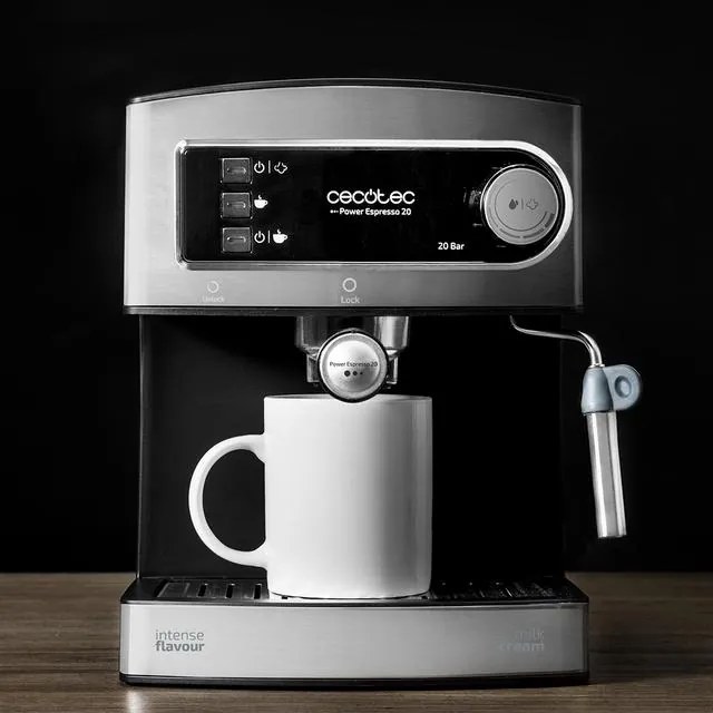 Máquina de café Cecotec expresso manual de 850 W, pressão de 20 bares, tanque de 1,5L, braço de saída duplo, vaporizador, superfície do aquecedor de x