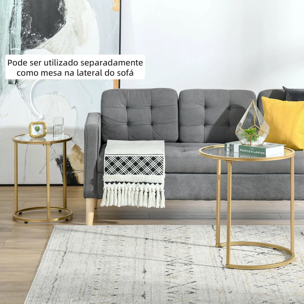 HOMCOM Conjunto de 2 Mesas Auxiliares Mesas Auxiliares com Estrutura de Metal e Bancada de Vidro para Sala de Estar Dormitório Ø50x58 cm e Ø37x51 cm Dourado