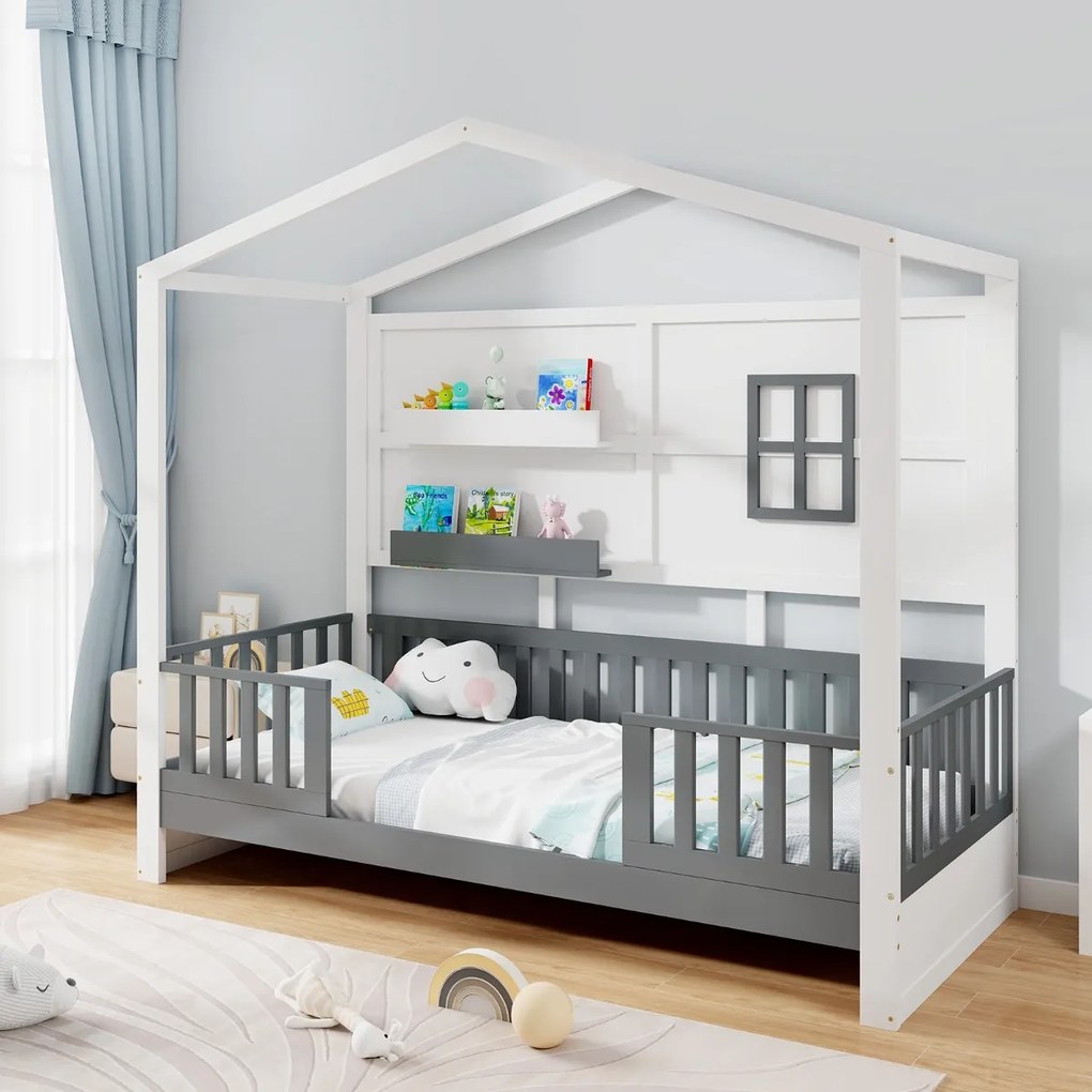 Estrutura cama de criança com prateleiras Grades para janelas e vedação Ripas de madeira 206 x 97 x 192 cm Branco e cinzento