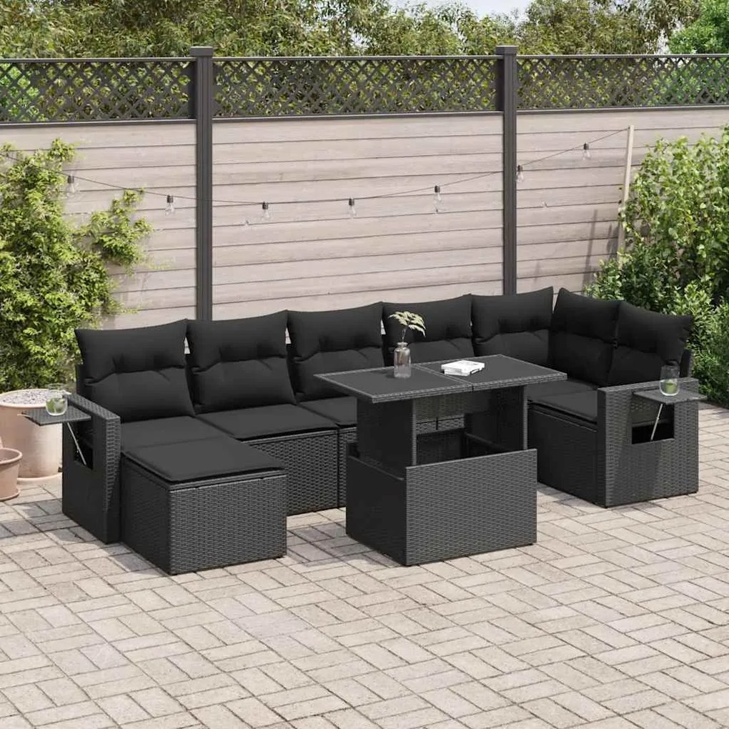 8 pcs conjunto sofás de jardim com almofadões vime PE preto